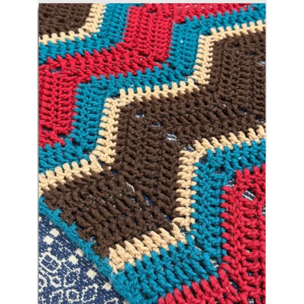 Handmade Crochet Vibrant Autumn Afghan Blanket Brown Teal Red Oversized 78 x 60